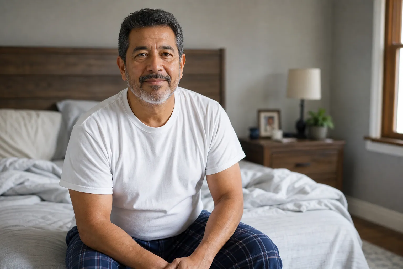 Hombre maduro descansando por la mañana tras un sueño más continuo